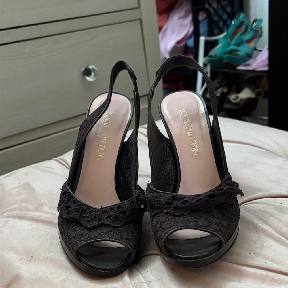 Louis Vuitton Black Lace Slingback Heels